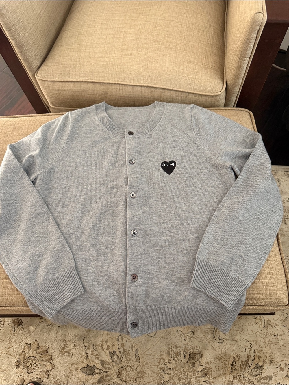Gray Men's Button Cardigan Sweater with Heart Patch